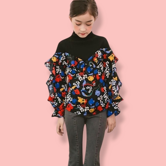Girls Size 5 Berry Berry High Collar Floral Ruffled Lettuce Edge Top- Korean - Picture 1 of 8